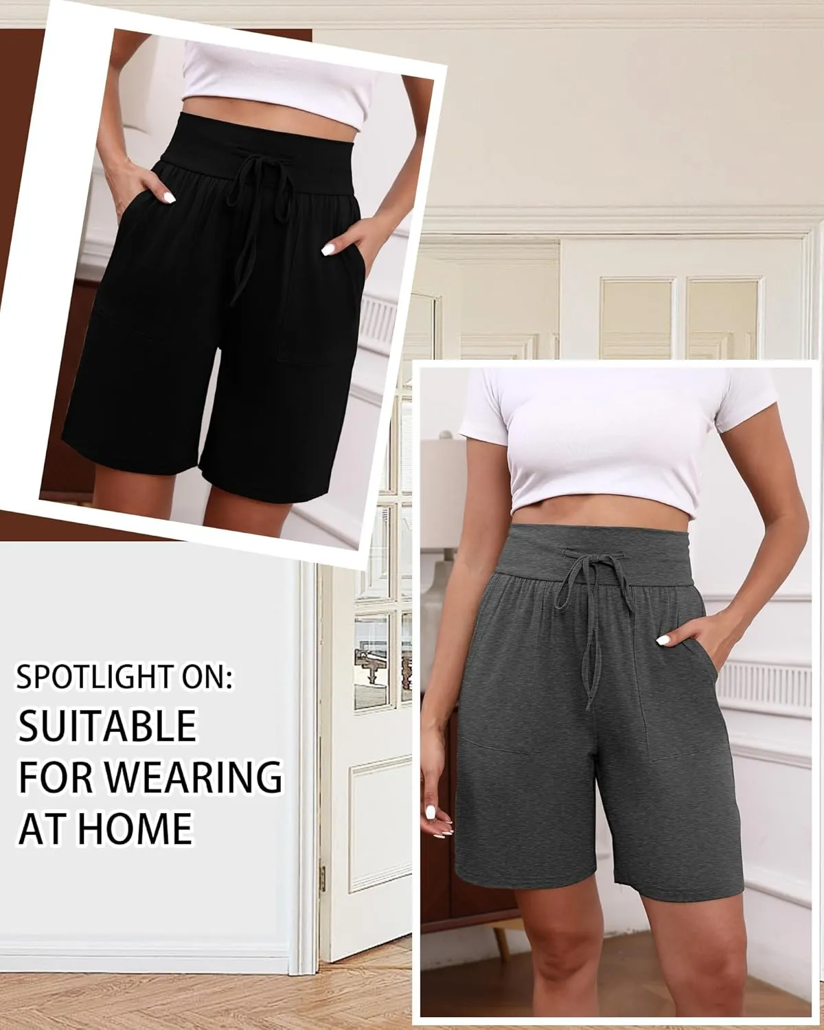 3 Pack Women's Bermuda Shorts High Waist Cotton Drawstring Casual Lounge Athletic Knee Long Shorts with Pockets