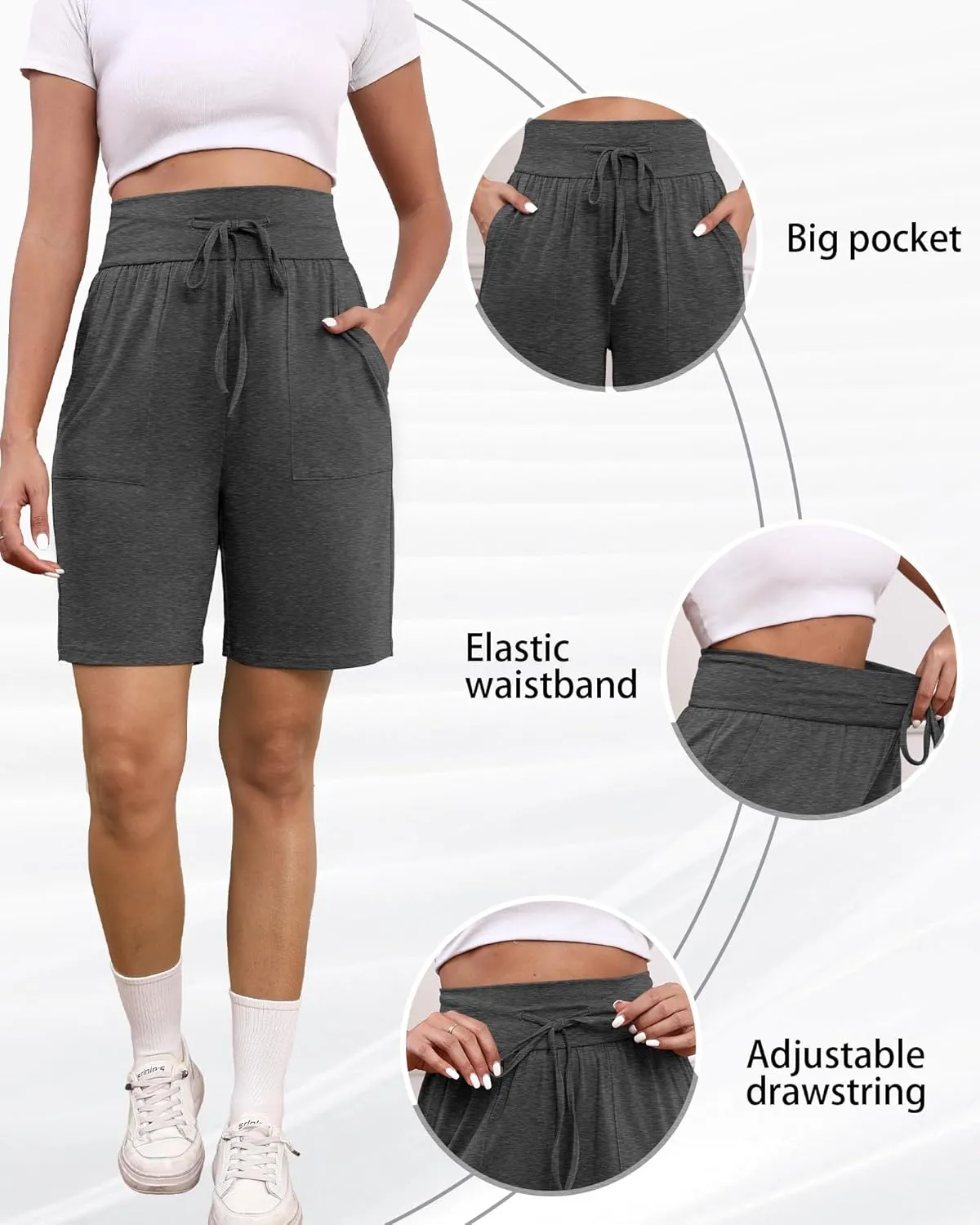 3 Pack Women's Bermuda Shorts High Waist Cotton Drawstring Casual Lounge Athletic Knee Long Shorts with Pockets