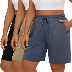 3 Pack Women's Plus Size Bermuda Shorts, Drawstring Elastic Waisted Bermuda Active Summer Cotton Shorts with Pockets
