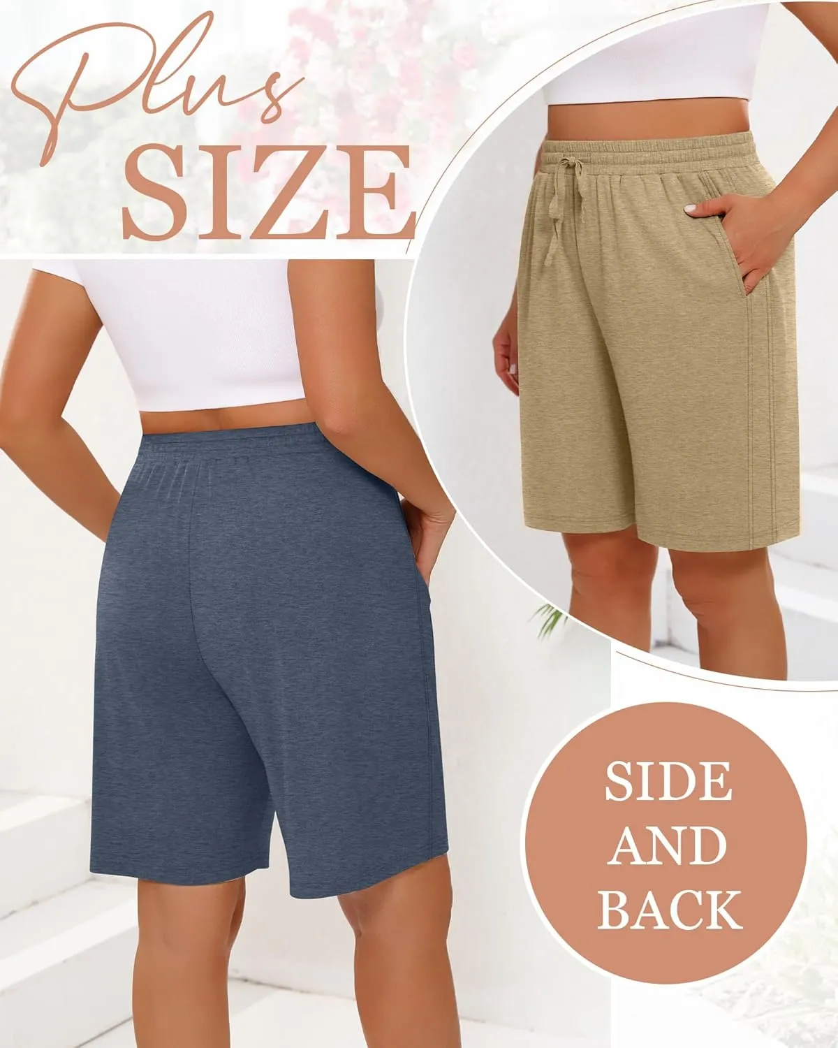 3 Pack Women's Plus Size Bermuda Shorts, Drawstring Elastic Waisted Bermuda Active Summer Cotton Shorts with Pockets