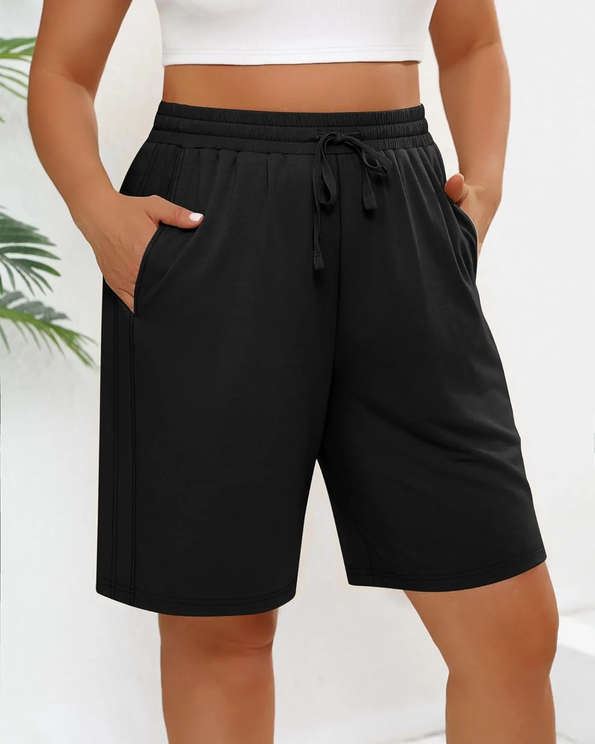 3 Pack Women's Plus Size Bermuda Shorts, Drawstring Elastic Waisted Bermuda Active Summer Cotton Shorts with Pockets