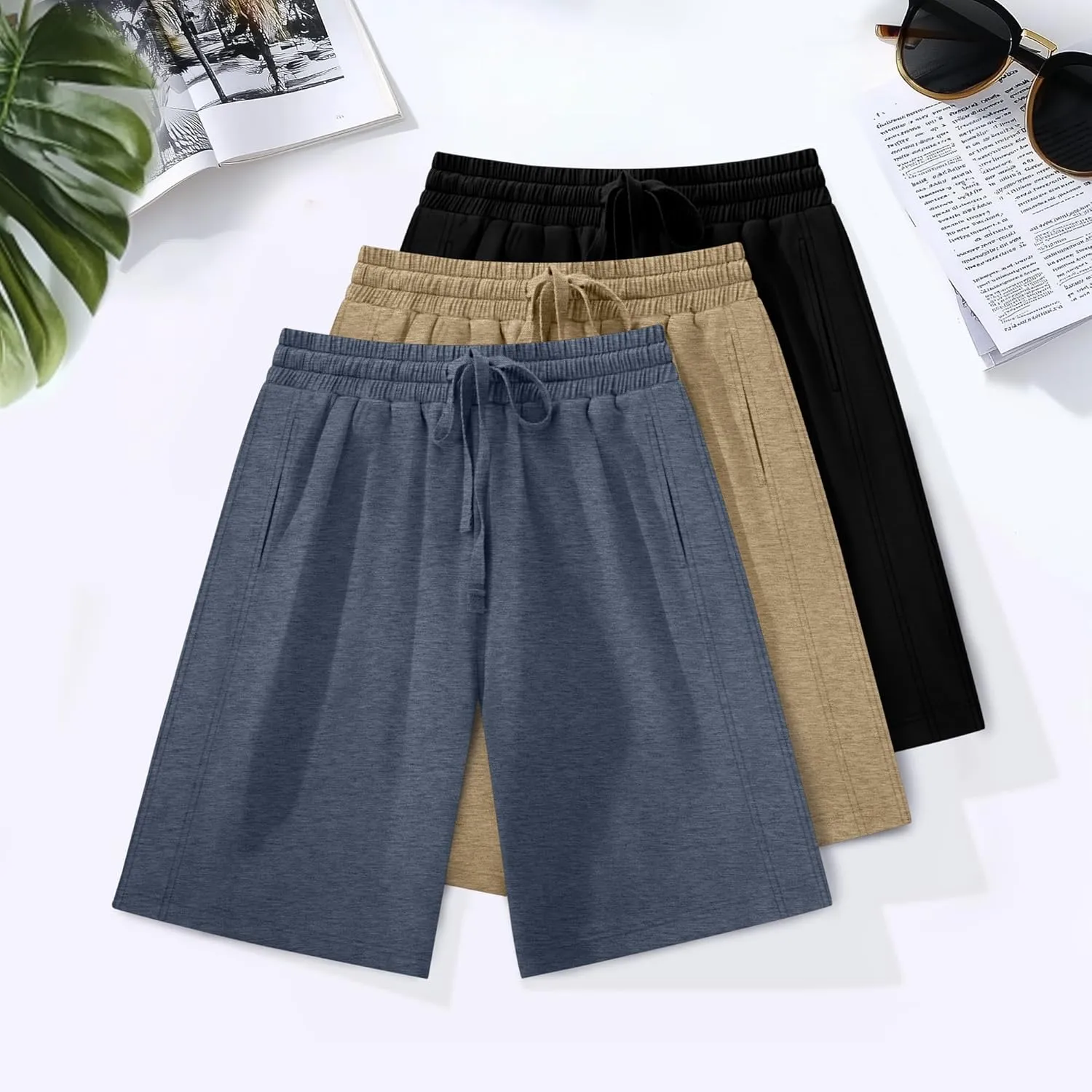 3 Pack Women's Plus Size Bermuda Shorts, Drawstring Elastic Waisted Bermuda Active Summer Cotton Shorts with Pockets