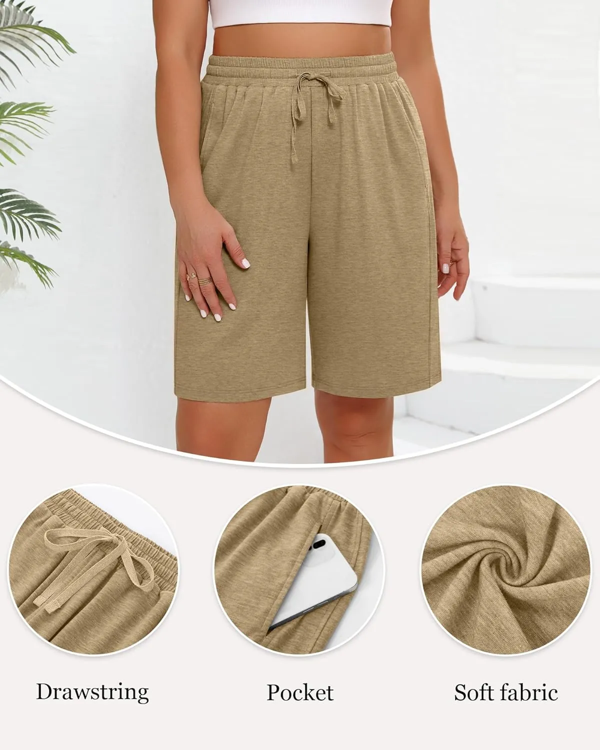 3 Pack Women's Plus Size Bermuda Shorts, Drawstring Elastic Waisted Bermuda Active Summer Cotton Shorts with Pockets