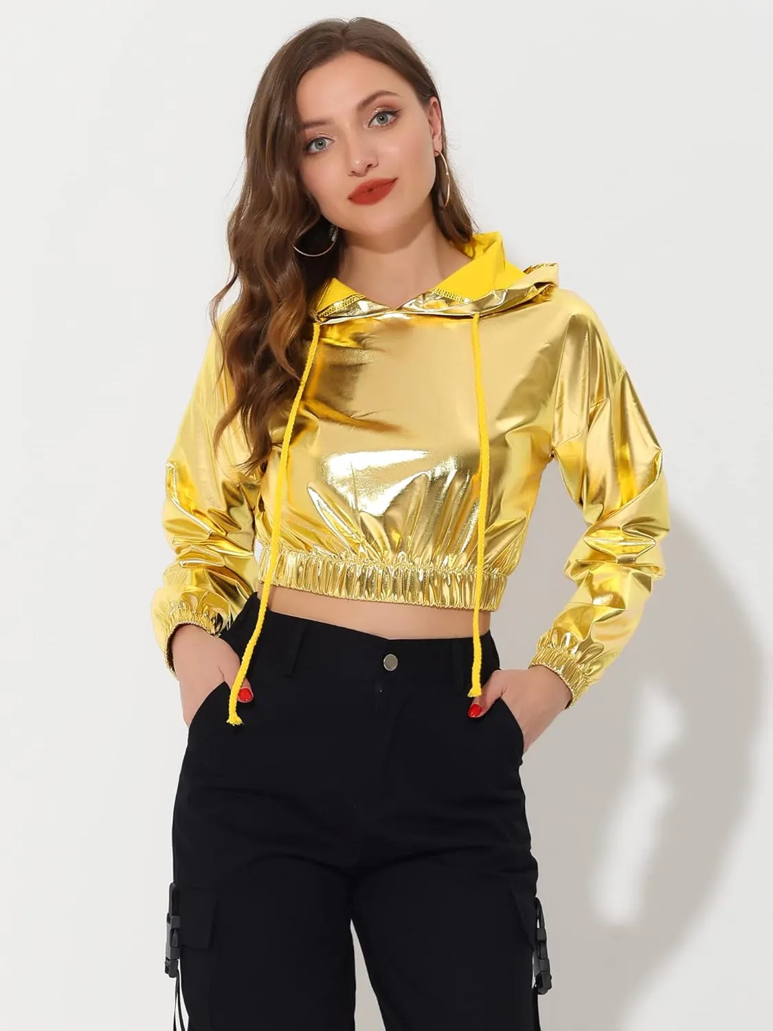 Allegra K Women's Crop Top Hoodies Holographic Shiny Metallic Sweatshirts