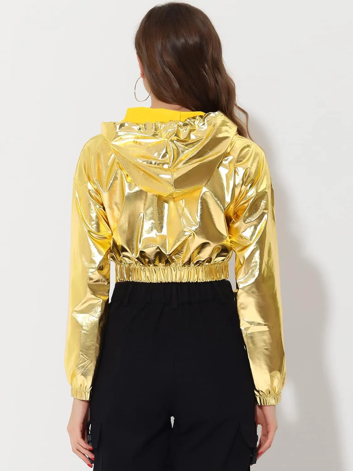 Allegra K Women's Crop Top Hoodies Holographic Shiny Metallic Sweatshirts