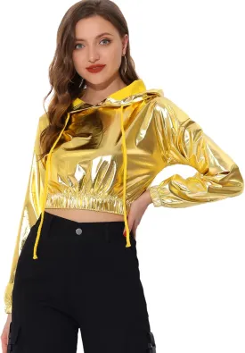 Allegra K Women's Crop Top Hoodies Holographic Shiny Metallic Sweatshirts