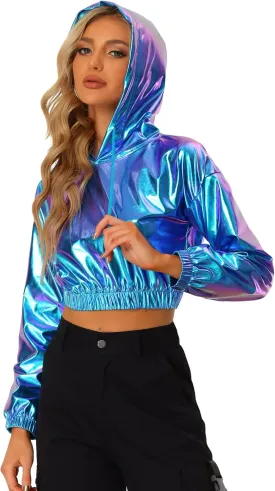 Allegra K Women's Crop Top Hoodies Holographic Shiny Metallic Sweatshirts