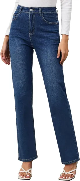 AMPOSH Womens High-Rise Straight Leg Jeans - Comfortable Stretch Denim Classic Fit Casual & Work Pants