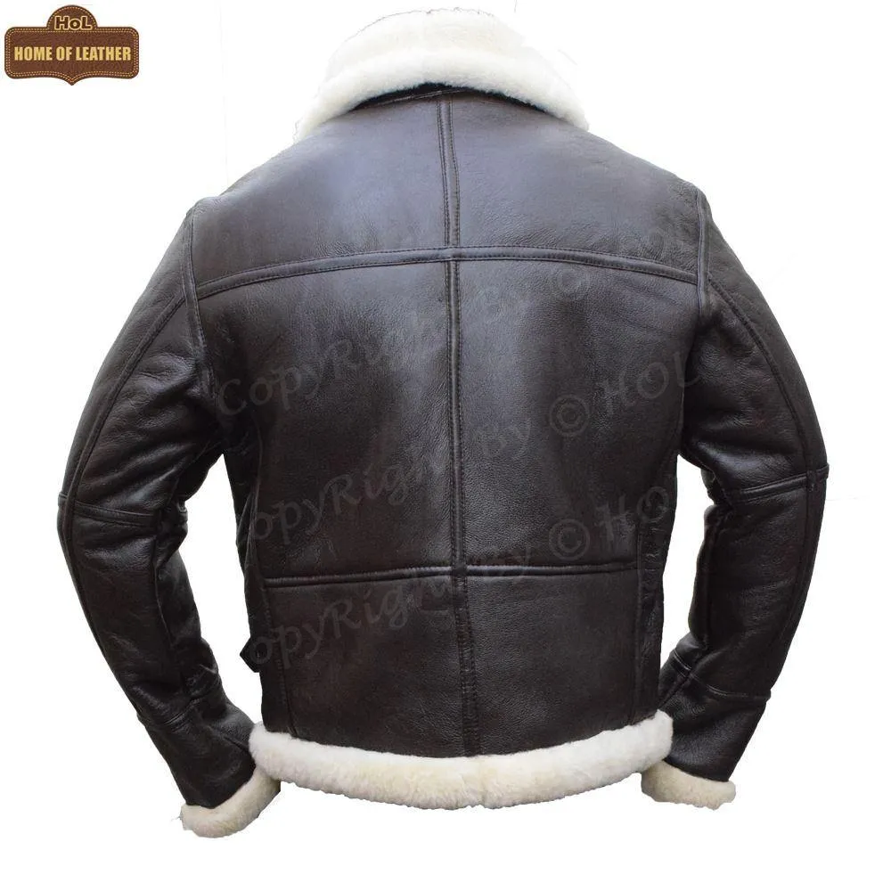 B025 Men's RAF Flying Aviator Real Shearling Fur Bomber Brown Winter Leather Jacket