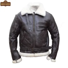 B025 Men's RAF Flying Aviator Real Shearling Fur Bomber Brown Winter Leather Jacket