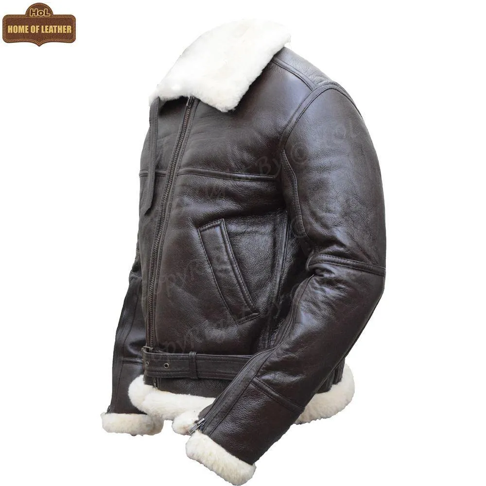 B025 Men's RAF Flying Aviator Real Shearling Fur Bomber Brown Winter Leather Jacket