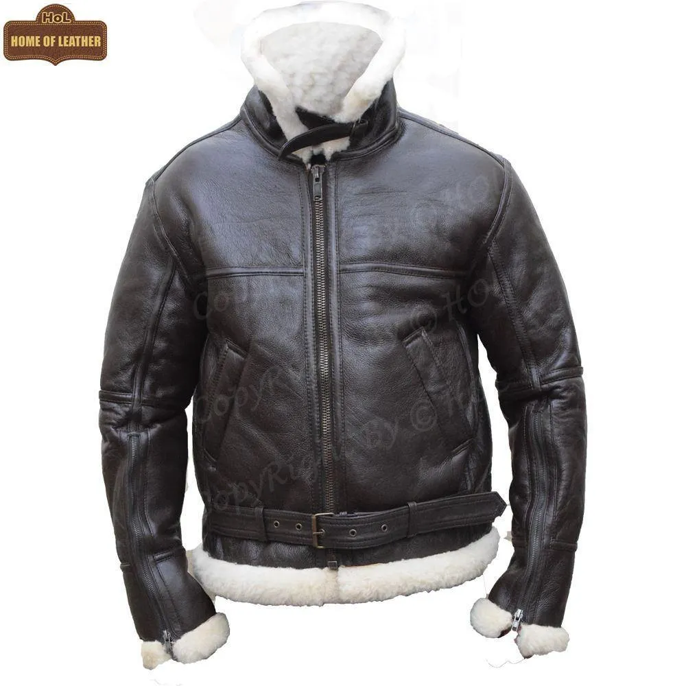 B025 Men's RAF Flying Aviator Real Shearling Fur Bomber Brown Winter Leather Jacket