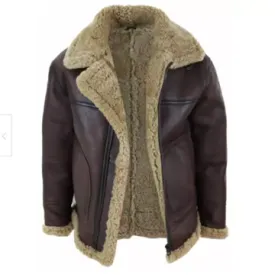 B034 B3 Flight Bomber Aviator Real Leather Shearling Jacket Brown