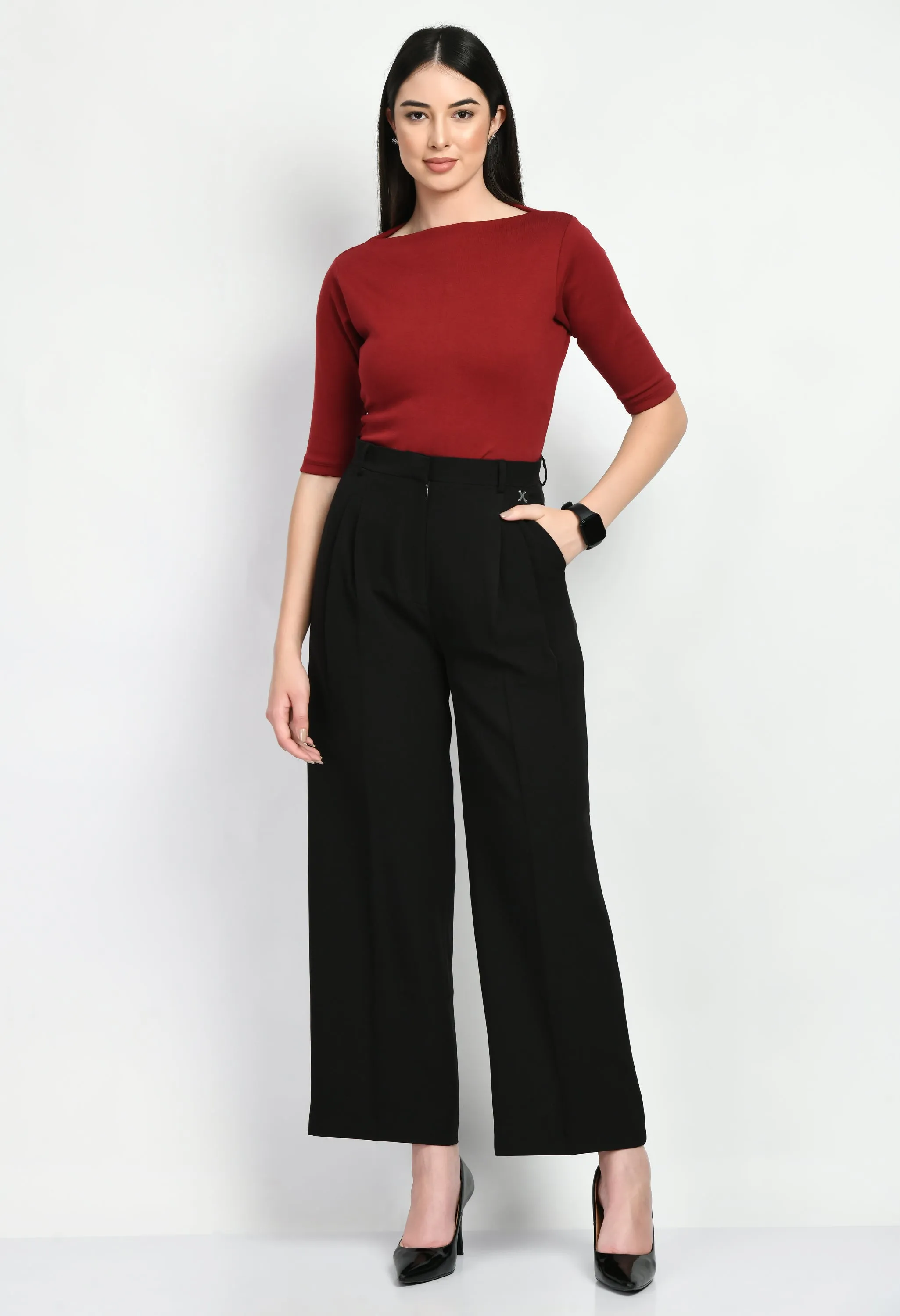 Black Cotton Blend Influence Solid Wide Leg Trouser Only