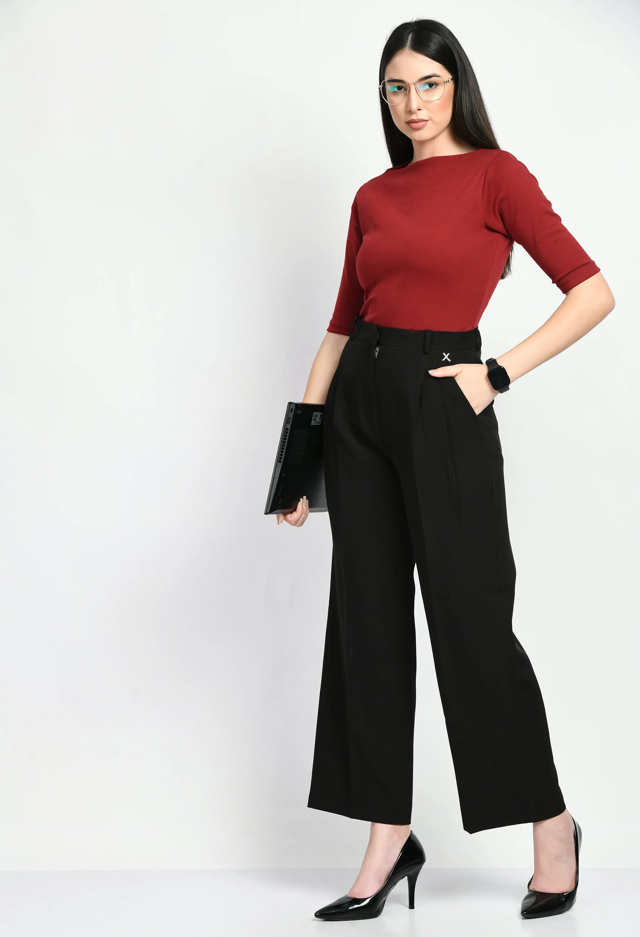 Black Cotton Blend Influence Solid Wide Leg Trouser Only