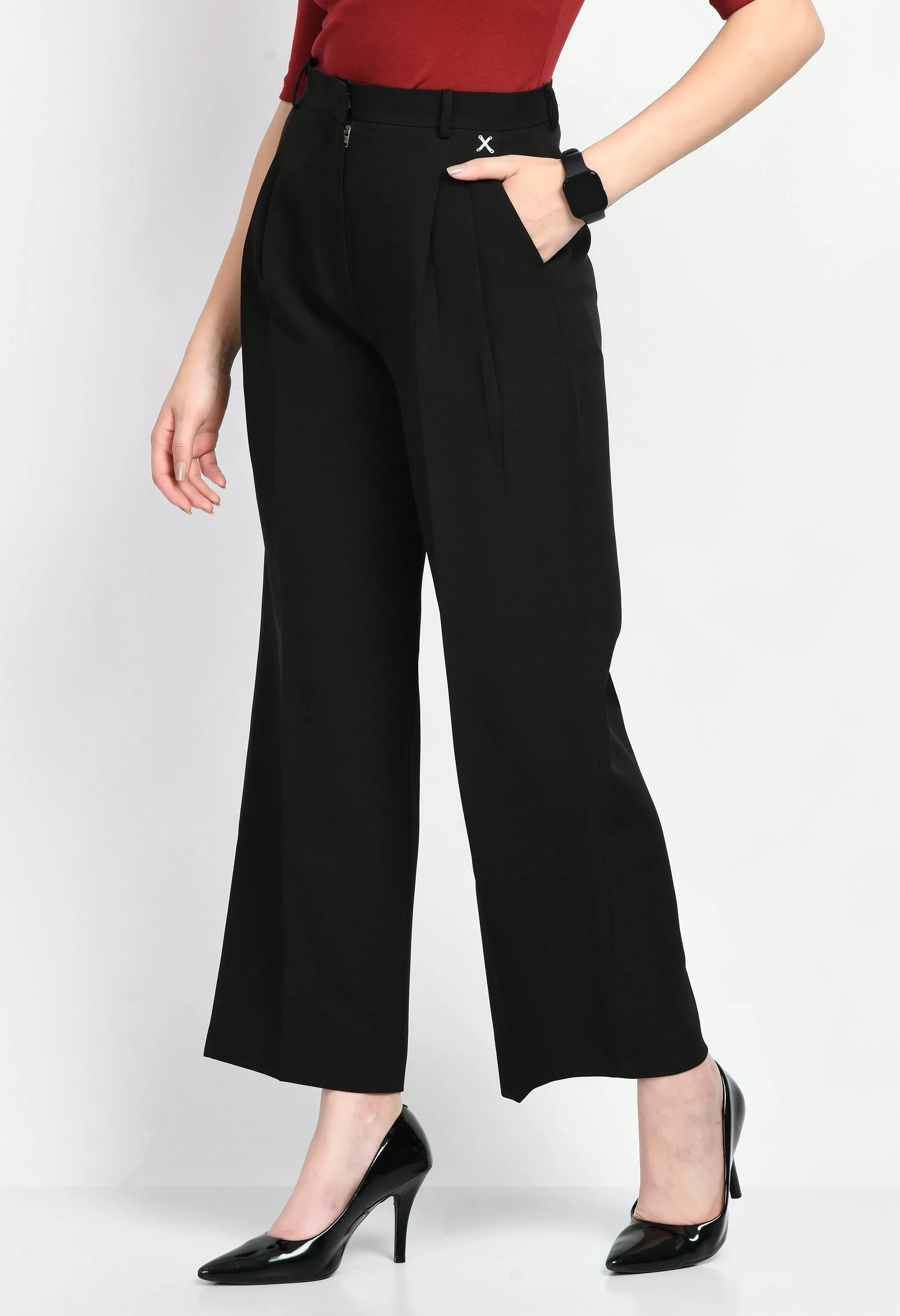 Black Cotton Blend Influence Solid Wide Leg Trouser Only