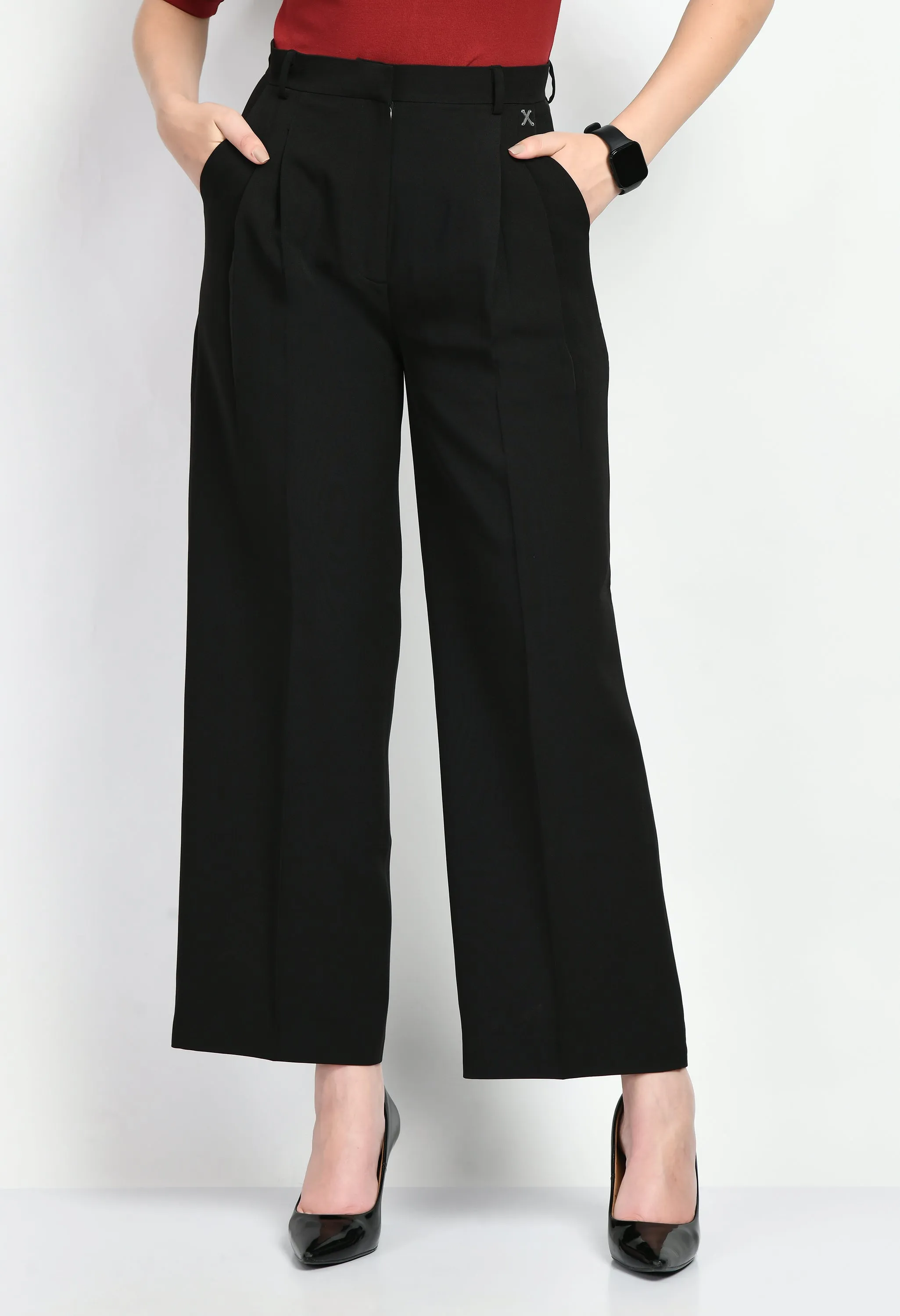 Black Cotton Blend Influence Solid Wide Leg Trouser Only