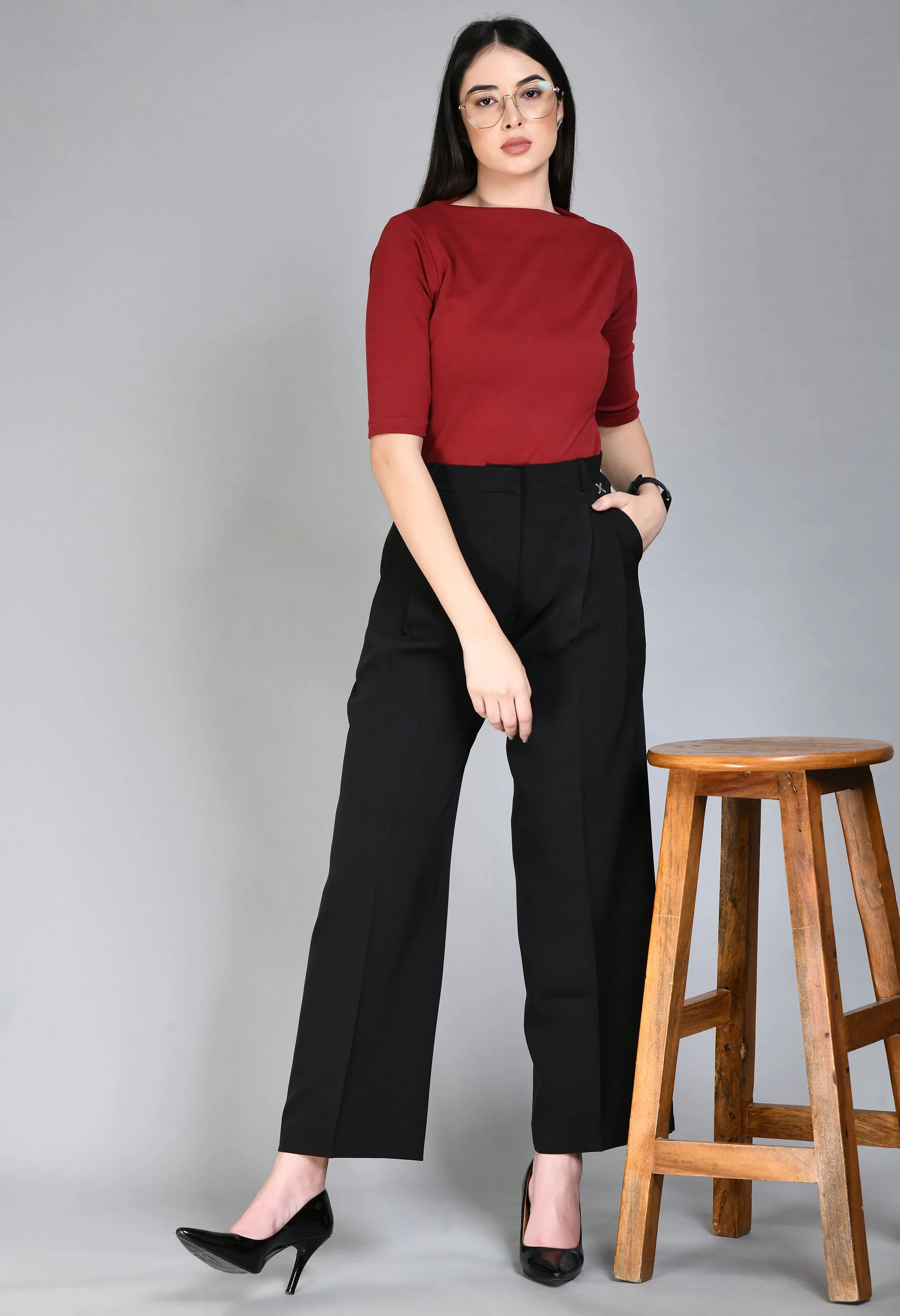 Black Cotton Blend Influence Solid Wide Leg Trouser Only