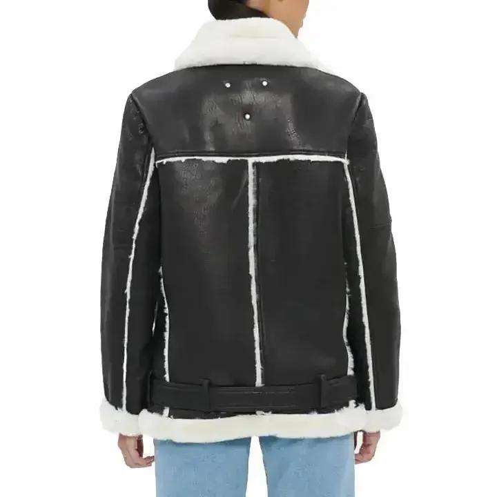 Black Oversized Shearling Leather Jacket for Women - Cozy & Stylish