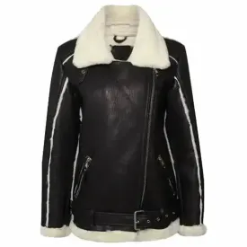 Black Oversized Shearling Leather Jacket for Women - Cozy & Stylish