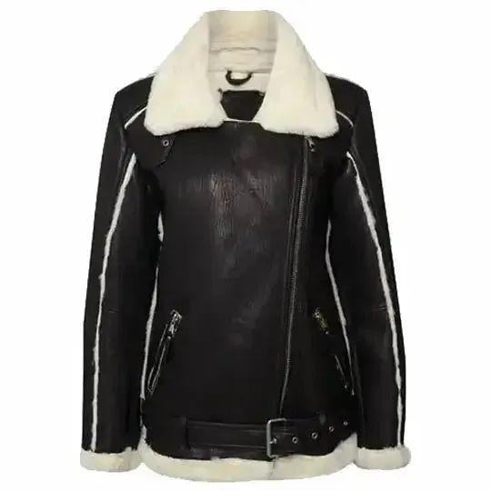 Black Oversized Shearling Leather Jacket for Women - Cozy & Stylish