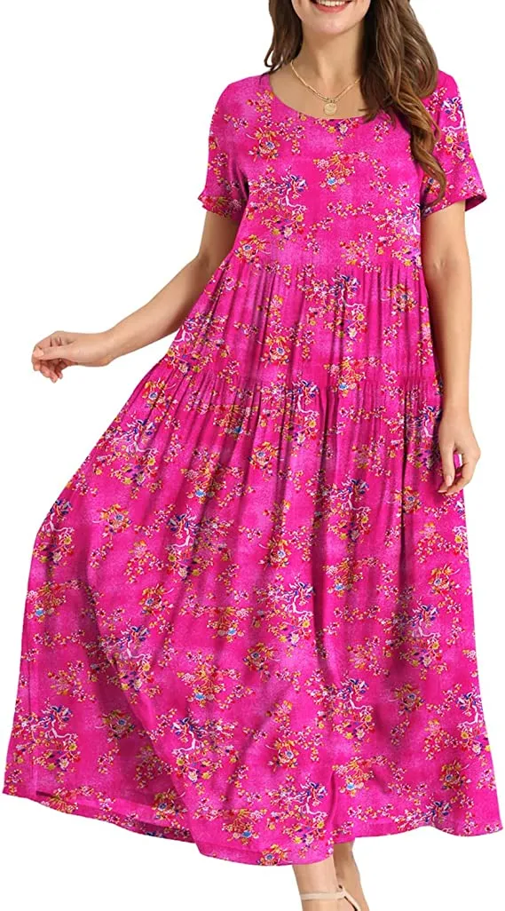 Blue Dresses Casual Plus Size Bohemian Short Sleeve Floral Long Maxi Summer Beach Swing Dress/Pockets - YESNO