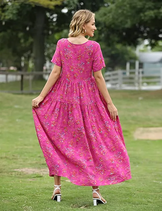 Blue Dresses Casual Plus Size Bohemian Short Sleeve Floral Long Maxi Summer Beach Swing Dress/Pockets - YESNO