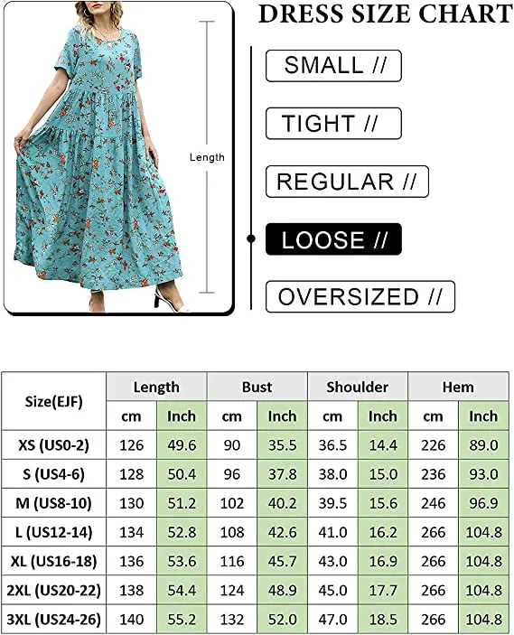 Blue Dresses Casual Plus Size Bohemian Short Sleeve Floral Long Maxi Summer Beach Swing Dress/Pockets - YESNO