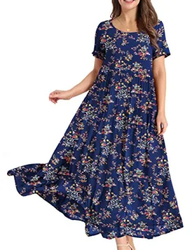 Blue Dresses Casual Plus Size Bohemian Short Sleeve Floral Long Maxi Summer Beach Swing Dress/Pockets - YESNO