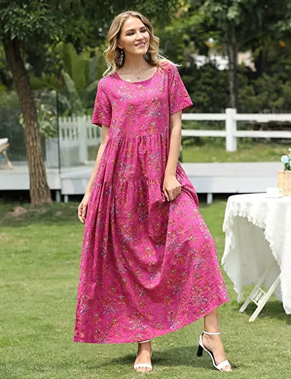 Blue Dresses Casual Plus Size Bohemian Short Sleeve Floral Long Maxi Summer Beach Swing Dress/Pockets - YESNO