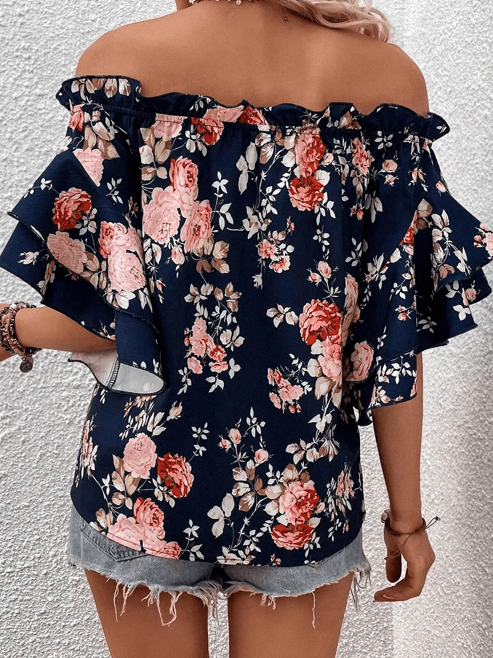 Blue Floral Off-Shoulder Ruffle Sleeve Blouse