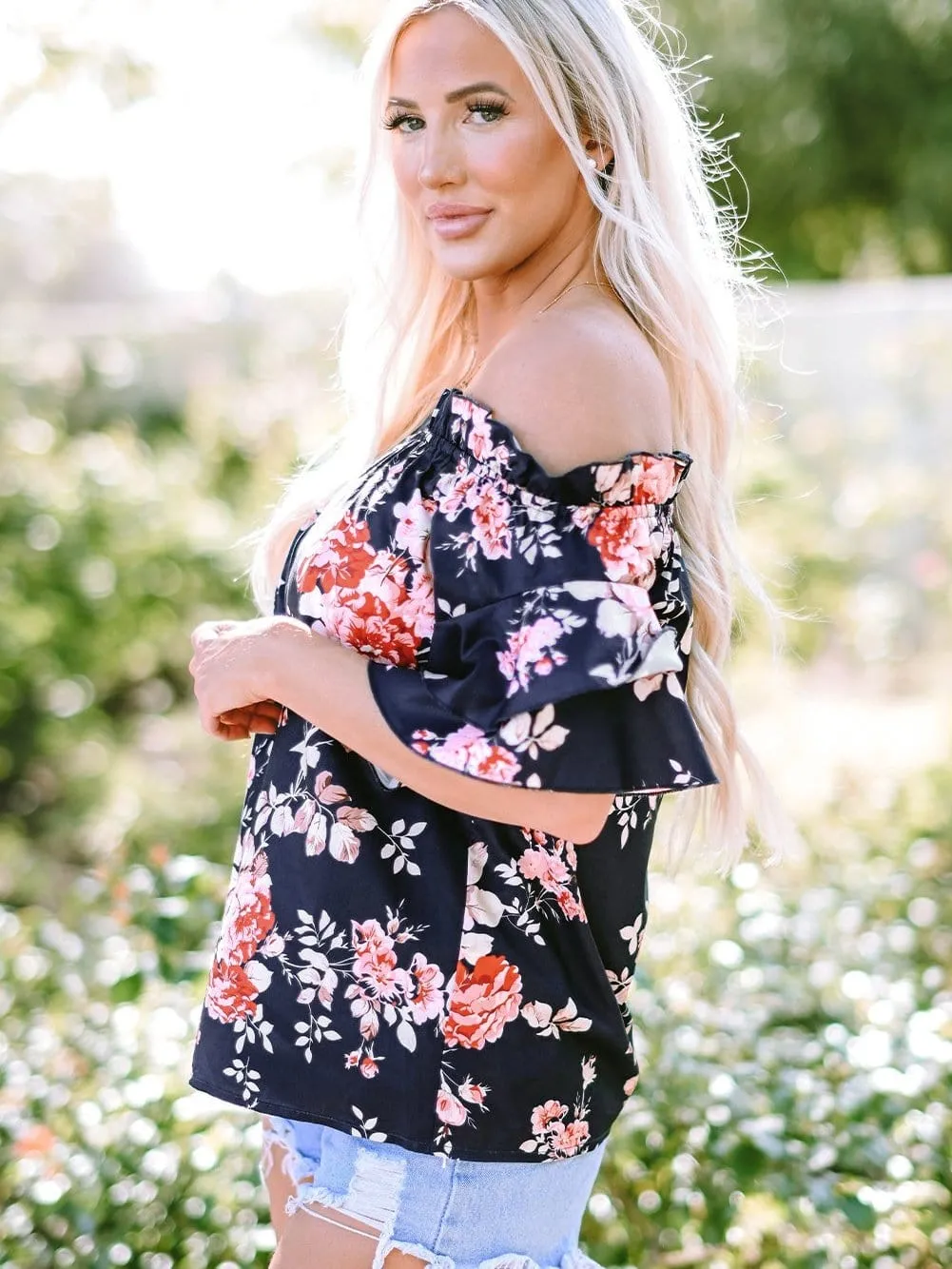 Blue Floral Off-Shoulder Ruffle Sleeve Blouse