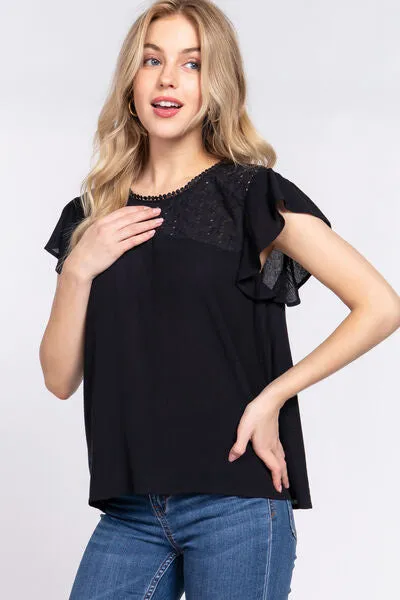 Blue Zone Planet |  ACTIVE BASIC Ruffle Short Sleeve Crochet Blouse