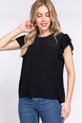 Blue Zone Planet |  ACTIVE BASIC Ruffle Short Sleeve Crochet Blouse