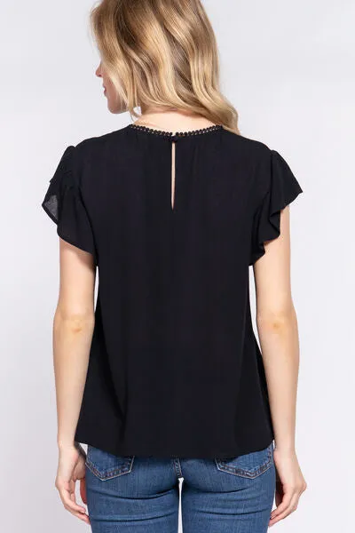 Blue Zone Planet |  ACTIVE BASIC Ruffle Short Sleeve Crochet Blouse
