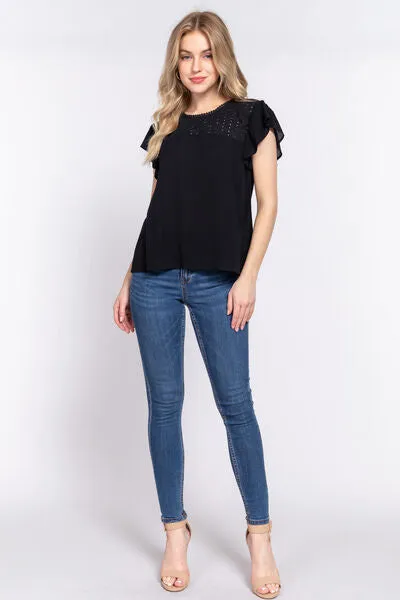 Blue Zone Planet |  ACTIVE BASIC Ruffle Short Sleeve Crochet Blouse