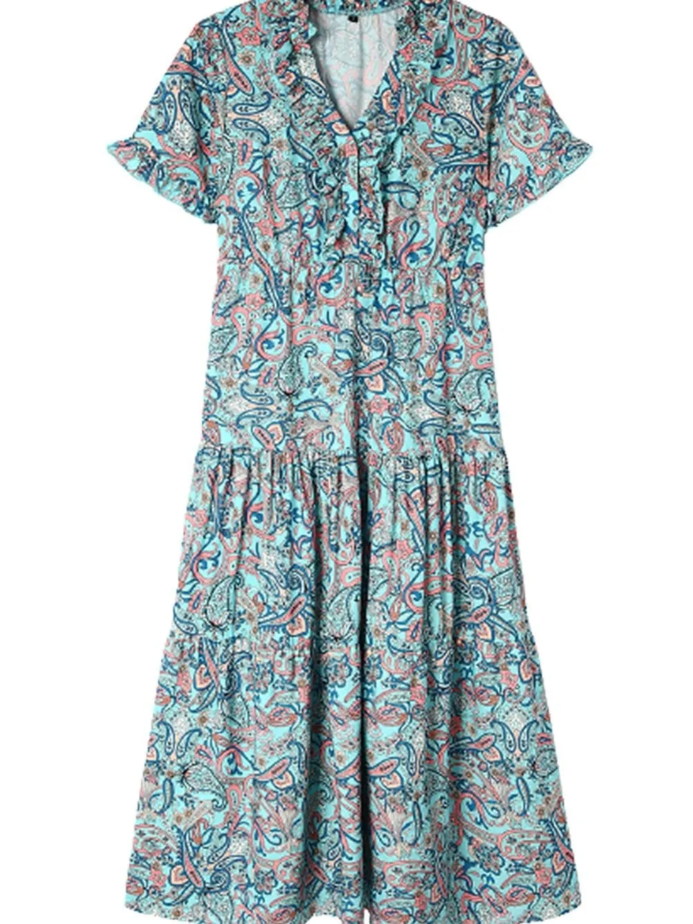 Bohemian Sky Blue Paisley Ruffle Maxi Dress with Mediterranean Vibes