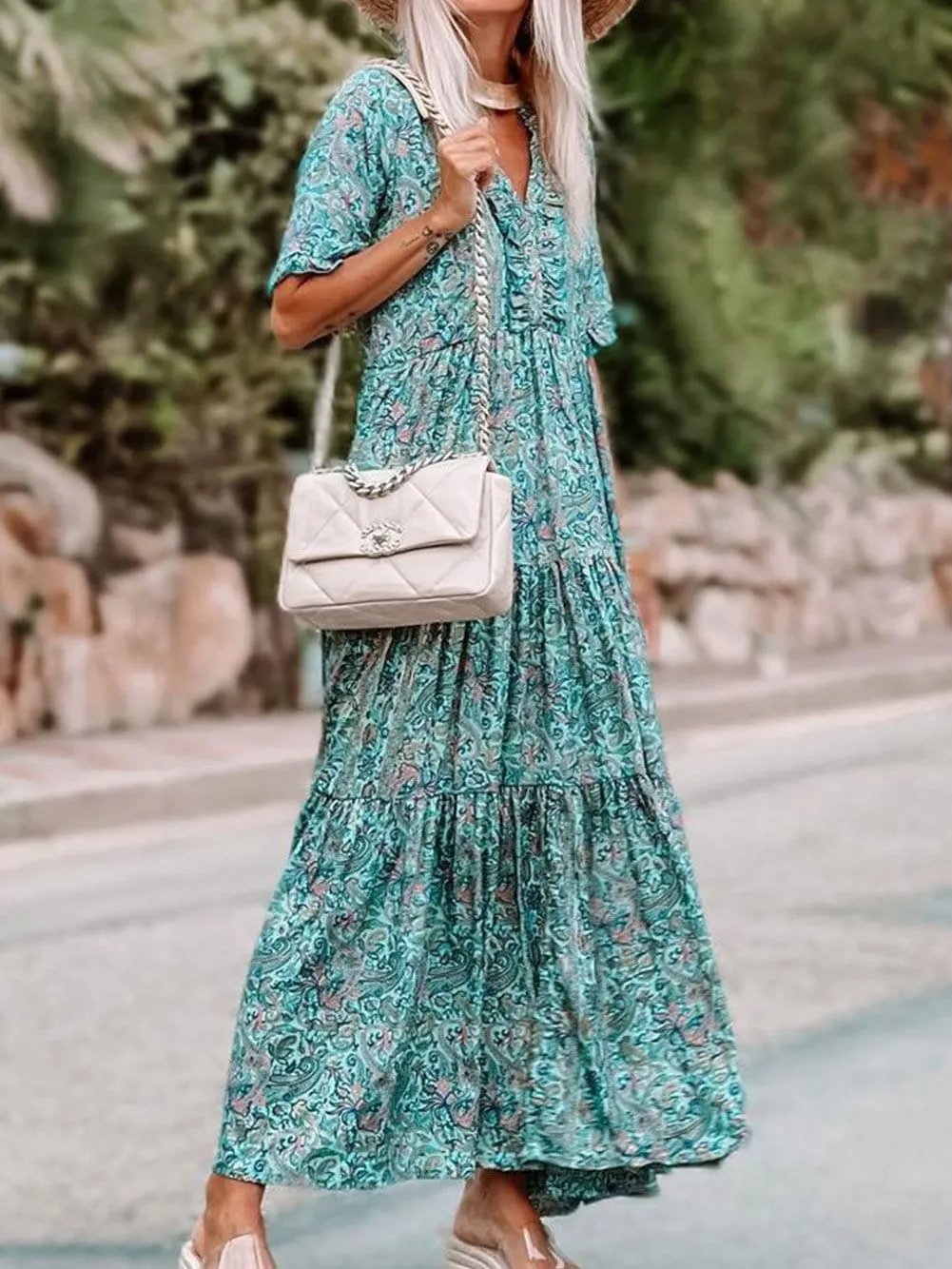 Bohemian Sky Blue Paisley Ruffle Maxi Dress with Mediterranean Vibes