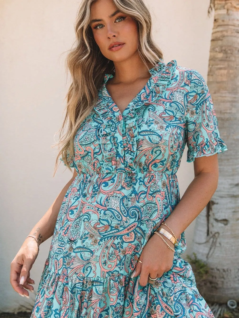 Bohemian Sky Blue Paisley Ruffle Maxi Dress with Mediterranean Vibes
