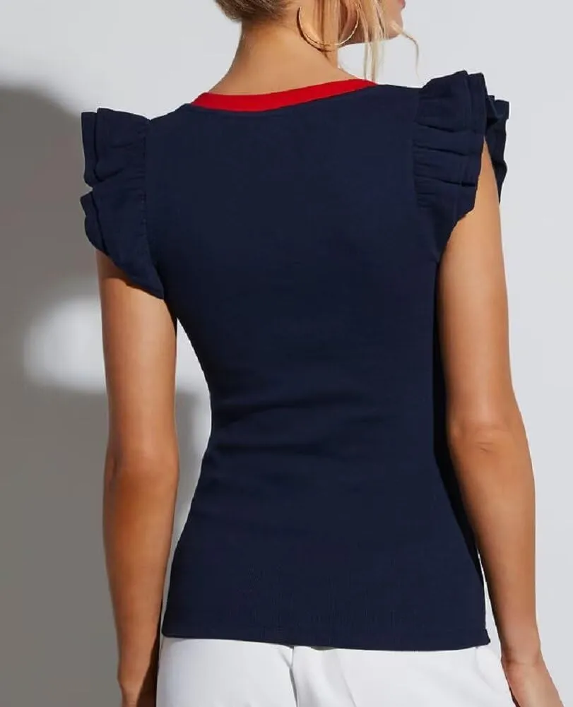 BONITEE Women Summer Ruffle Tops Sexy Deep V Neck Short Sleeve Shirts Trendy Casual Ribbed Slim Fitted Knit Tees Blouse