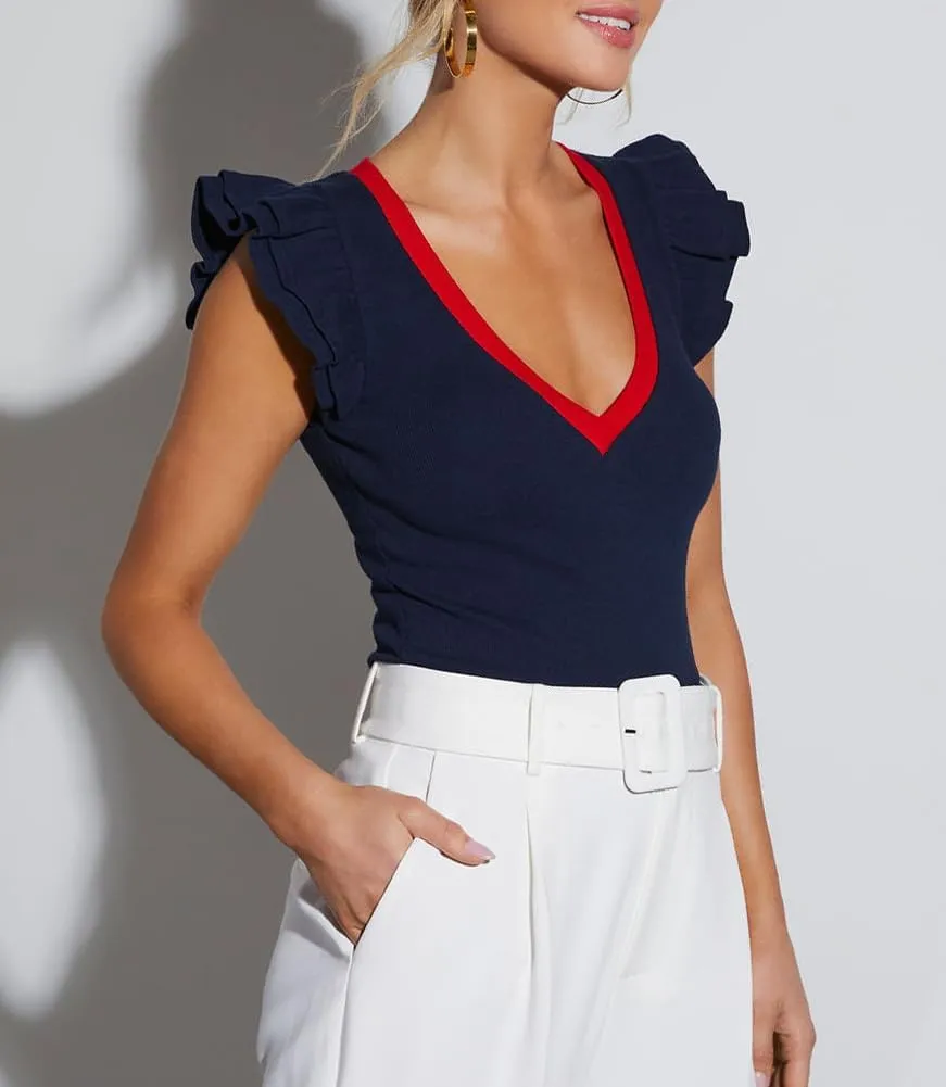 BONITEE Women Summer Ruffle Tops Sexy Deep V Neck Short Sleeve Shirts Trendy Casual Ribbed Slim Fitted Knit Tees Blouse
