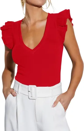 BONITEE Women Summer Ruffle Tops Sexy Deep V Neck Short Sleeve Shirts Trendy Casual Ribbed Slim Fitted Knit Tees Blouse
