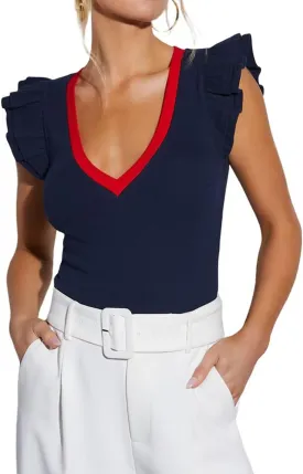 BONITEE Women Summer Ruffle Tops Sexy Deep V Neck Short Sleeve Shirts Trendy Casual Ribbed Slim Fitted Knit Tees Blouse