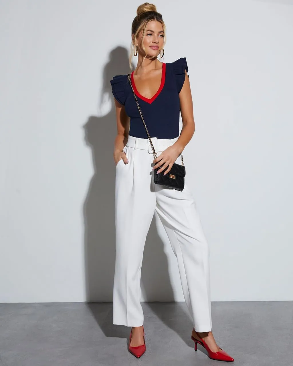 BONITEE Women Summer Ruffle Tops Sexy Deep V Neck Short Sleeve Shirts Trendy Casual Ribbed Slim Fitted Knit Tees Blouse