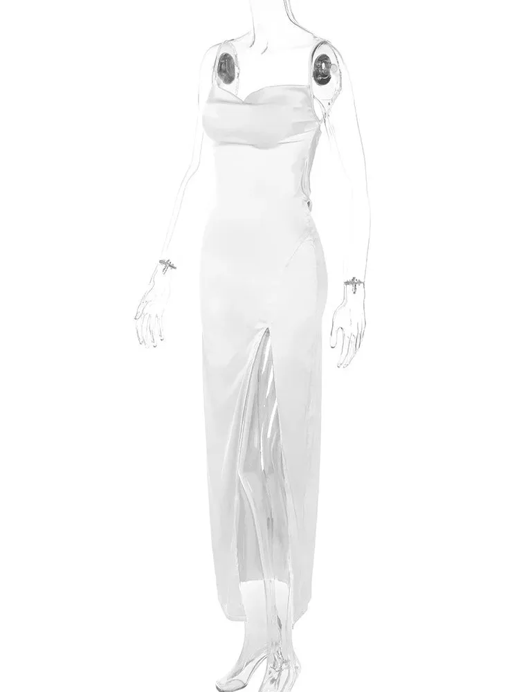 Bridesmaid Satin Dress for Weddings with Cowl Neck & Slit