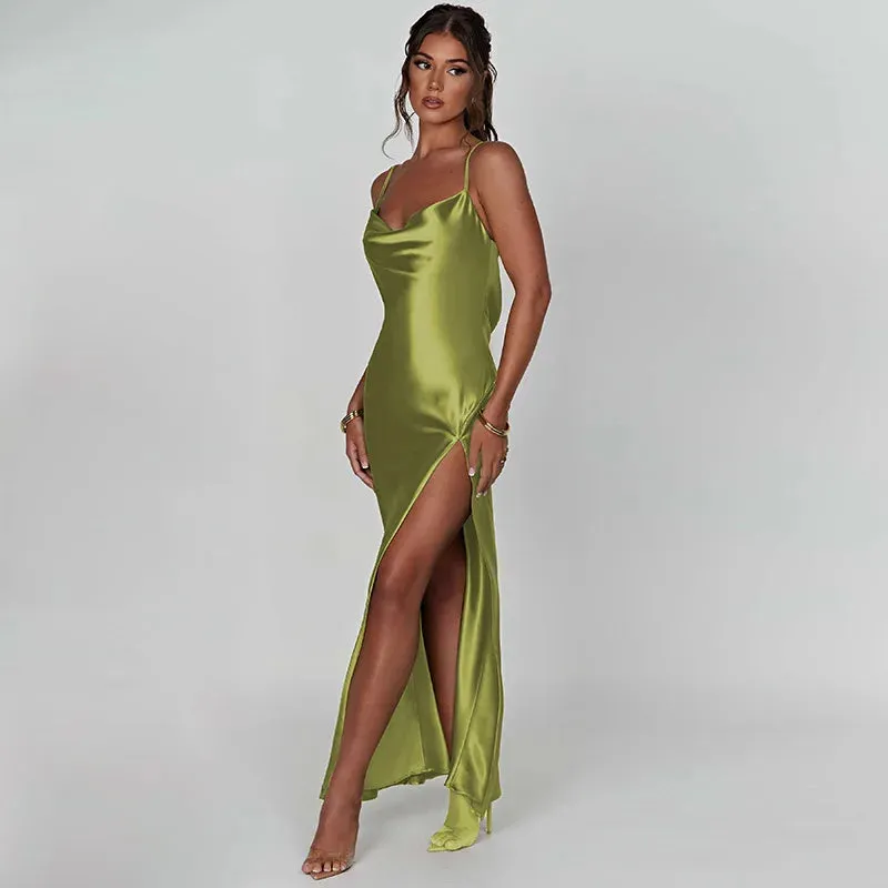 Bridesmaid Satin Dress for Weddings with Cowl Neck & Slit