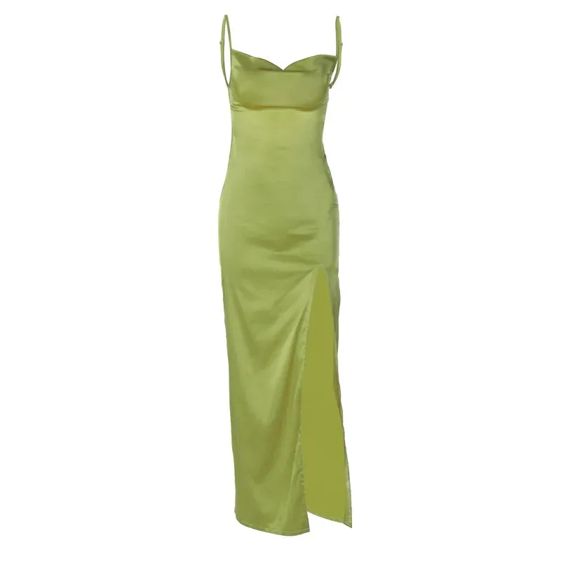 Bridesmaid Satin Dress for Weddings with Cowl Neck & Slit