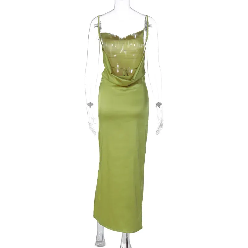 Bridesmaid Satin Dress for Weddings with Cowl Neck & Slit