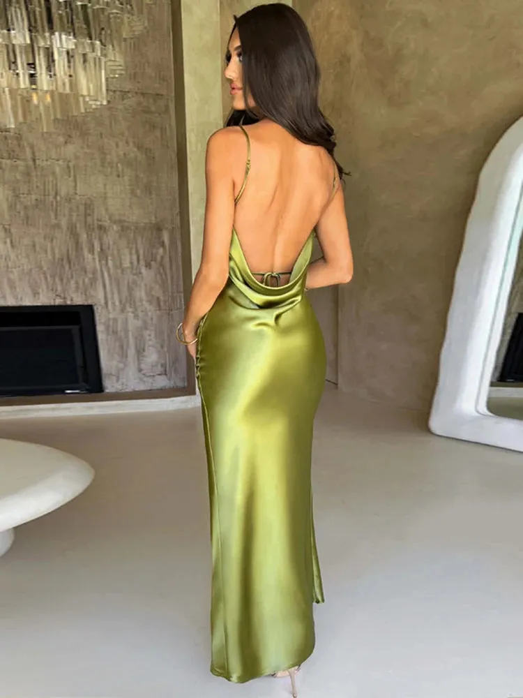 Bridesmaid Satin Dress for Weddings with Cowl Neck & Slit