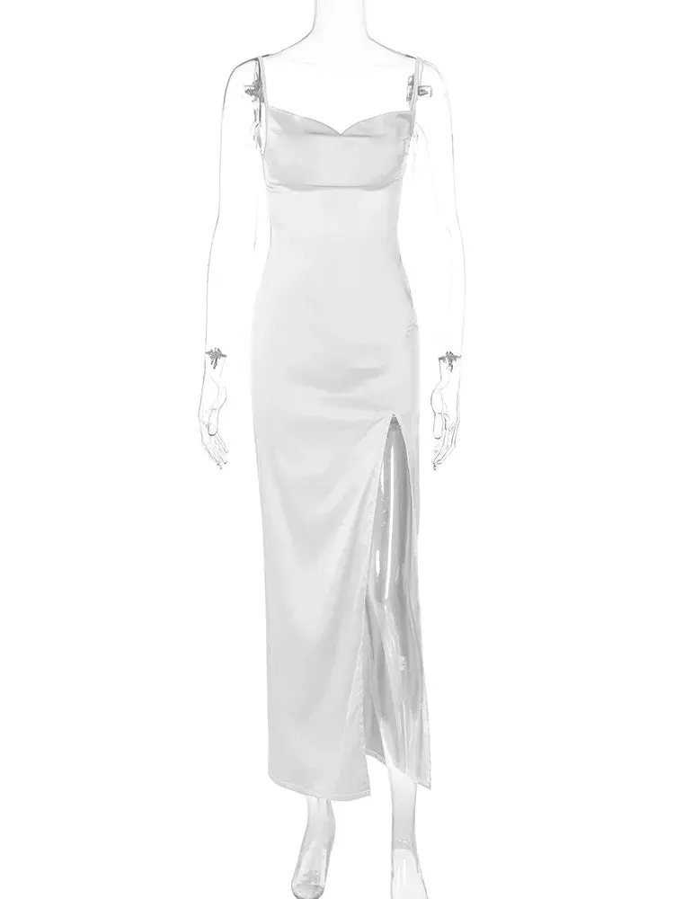 Bridesmaid Satin Dress for Weddings with Cowl Neck & Slit